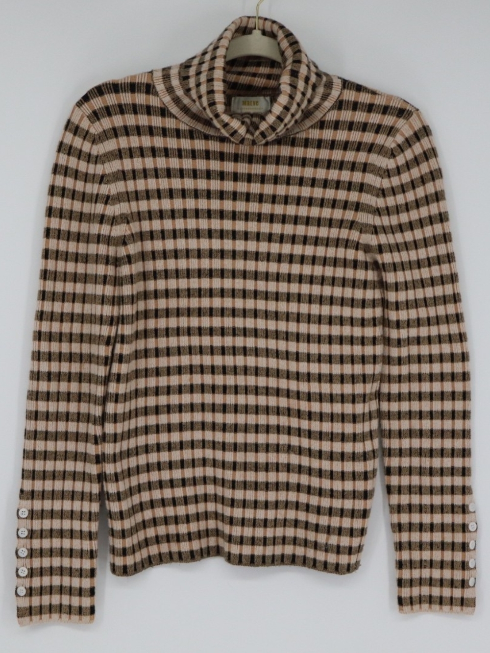 Maeve Anthropologie Sweater Large Fitted Stretch Plaid Cowl Neck Brown Black